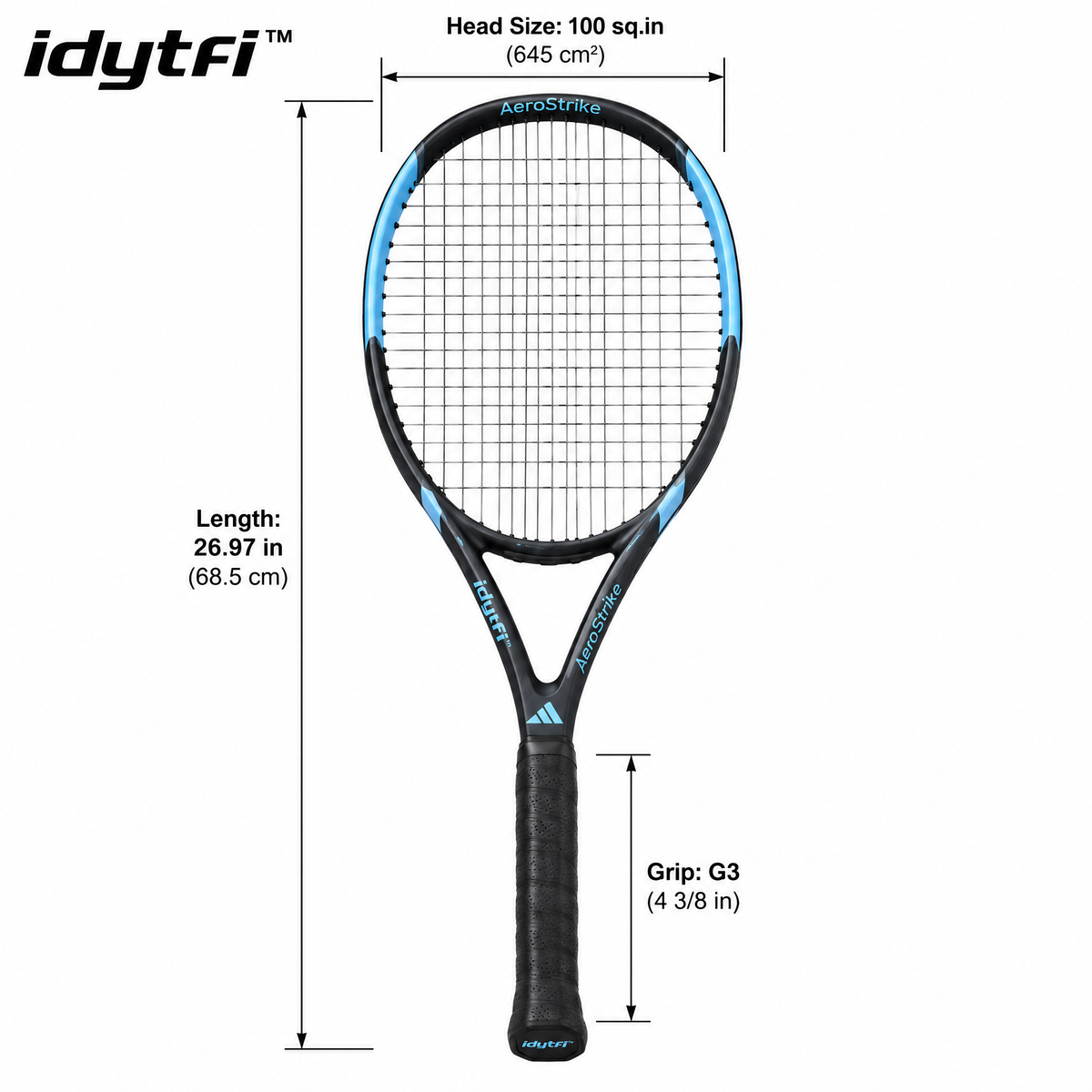 idytfi™ AeroStrike Performance Tennis Racket — dimensions