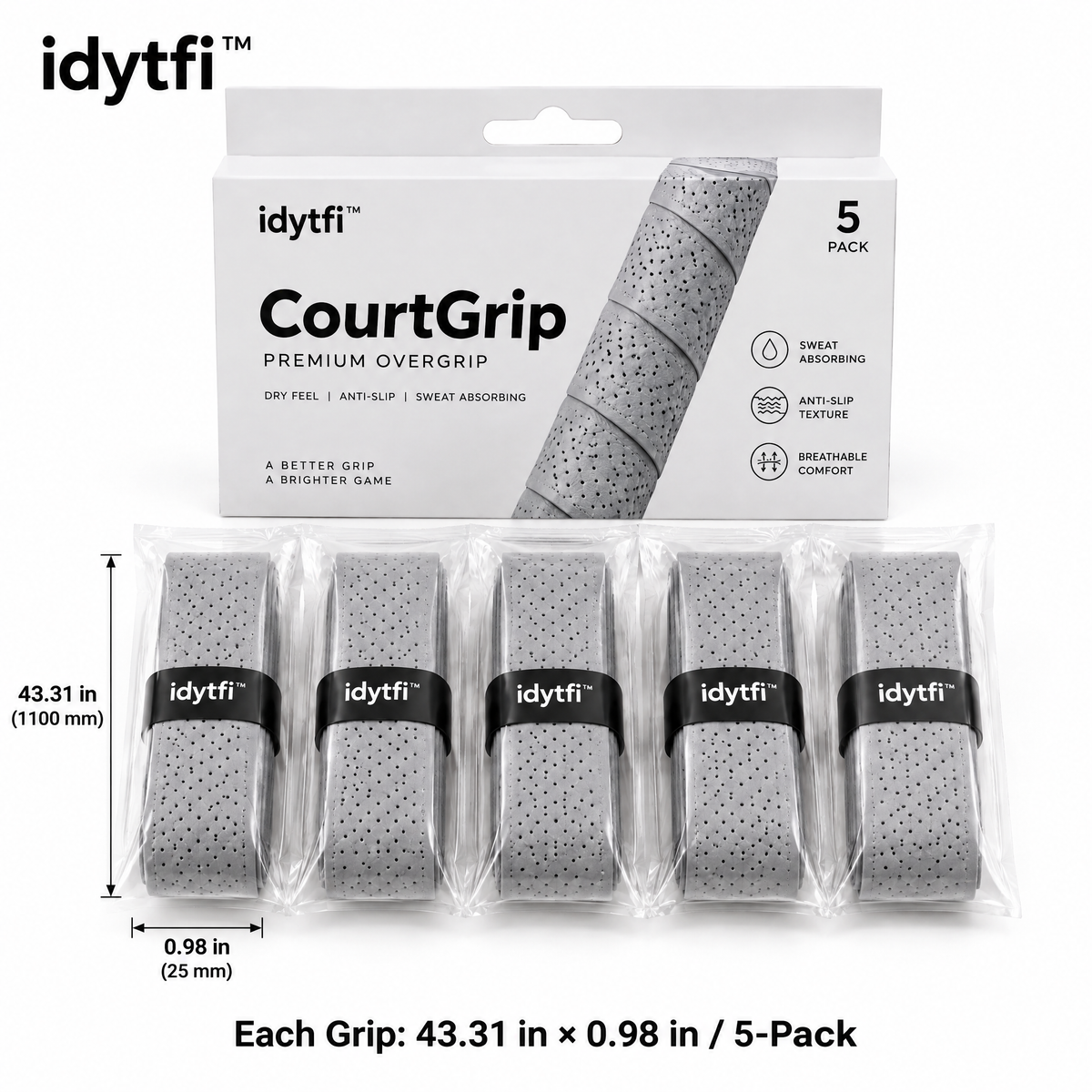 idytfi™ CourtGrip Premium Overgrip Set — dimensions