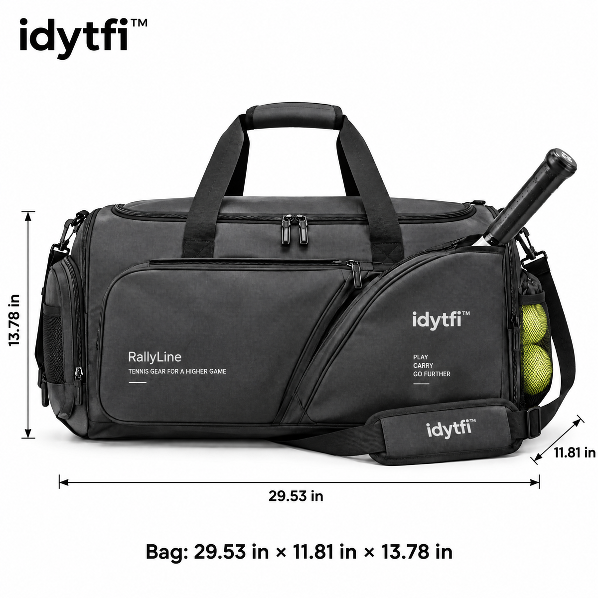 idytfi™ RallyLine Tennis Racket Duffel — dimensions
